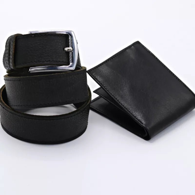 Black Wallet and Slim Belt in Real Leather – Set in Black