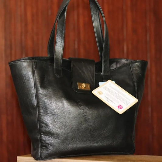 Black Leather Tote Bag for Women